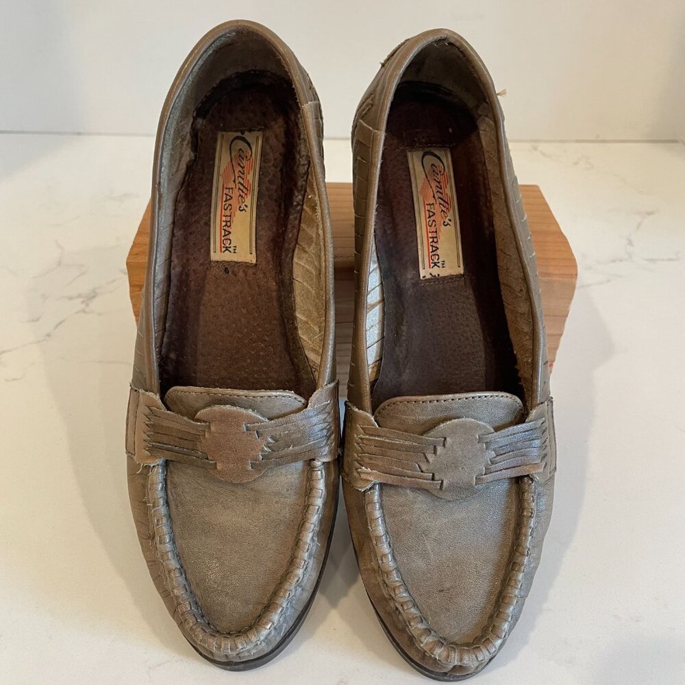 Vintage Candie’s Fastrack Pewter Olive Green Leather Chunky Loafers – Size 7M